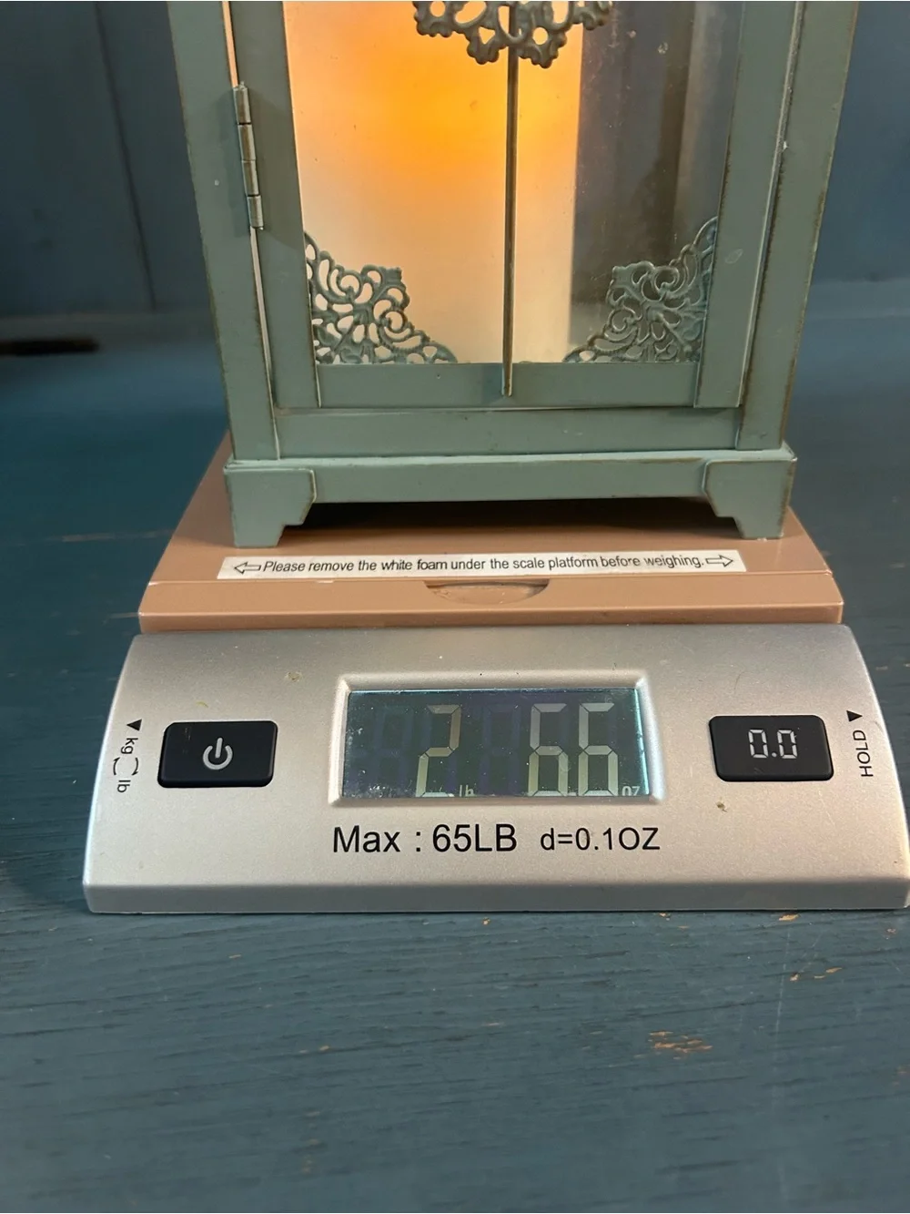 Pier 1 Imports Light Blue Metal Decorative Lantern with Filigree Medallion